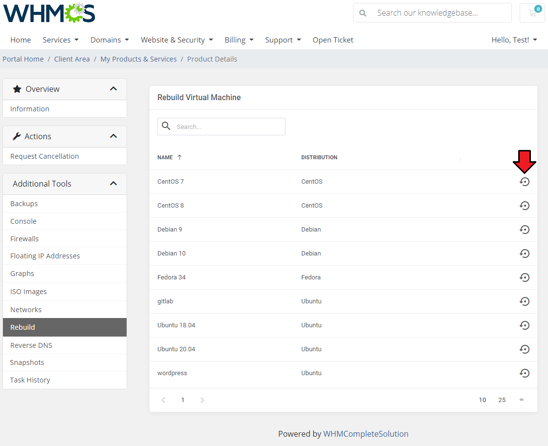 Hetzner Cloud Servers For WHMCS: client area Rebuild Virtual Machine page with an image list and an arrow on the