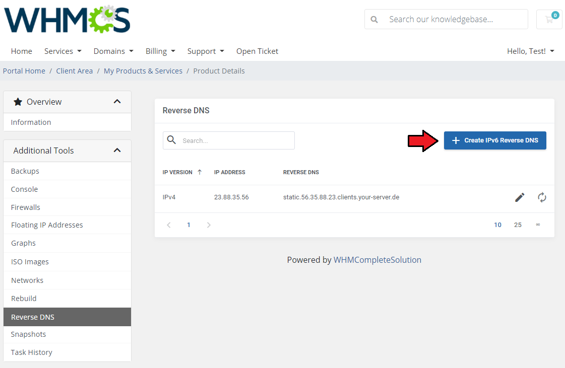 Hetzner Cloud Servers For WHMCS: client area Reverse DNS page with an arrow pointing to the Create IPv6 Reverse DNS
