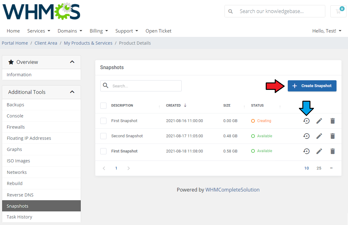 Hetzner Cloud Servers For WHMCS: client area Snapshots page with arrows on the Create Snapshot button and restore icon