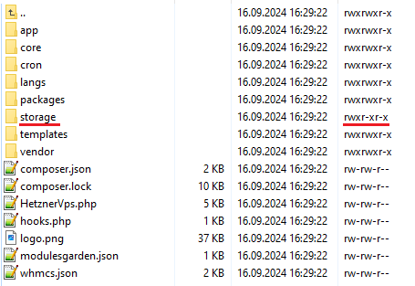 Hetzner Cloud Servers For WHMCS: module folder in an FTP client with the storage folder underlined and its permissions