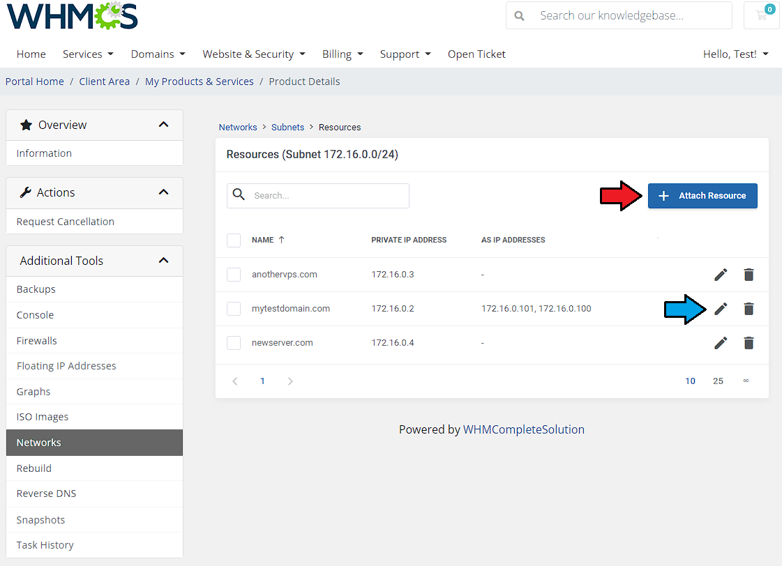 Hetzner Cloud Servers For WHMCS: client area subnet Resources list with arrows on the Attach Resource button and edit