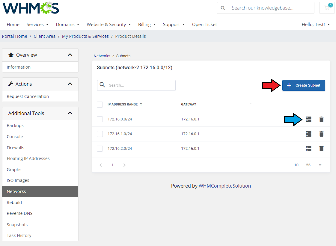 Hetzner Cloud Servers For WHMCS: client area Subnets list with arrows on the Create Subnet button and the resources icon