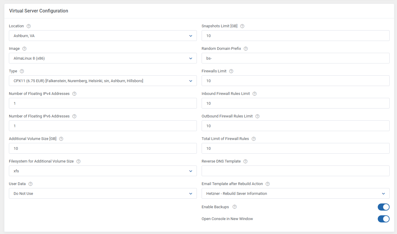 Hetzner Cloud Servers For WHMCS: Virtual Server Configuration section with location, image, type and limits