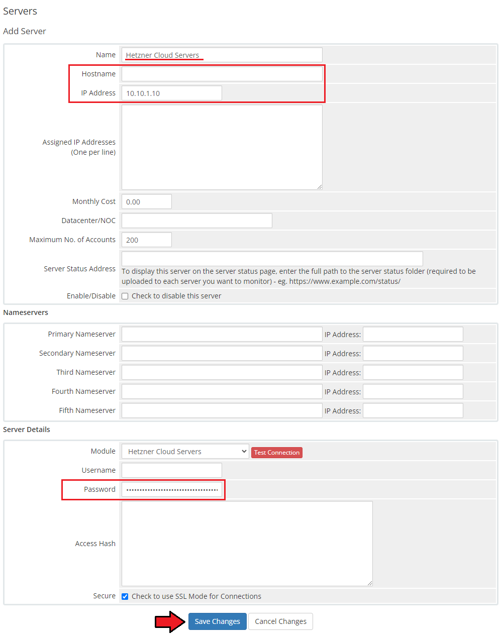 Hetzner Cloud Servers For WHMCS: WHMCS Add Server form with name, IP address and API token in the Password field