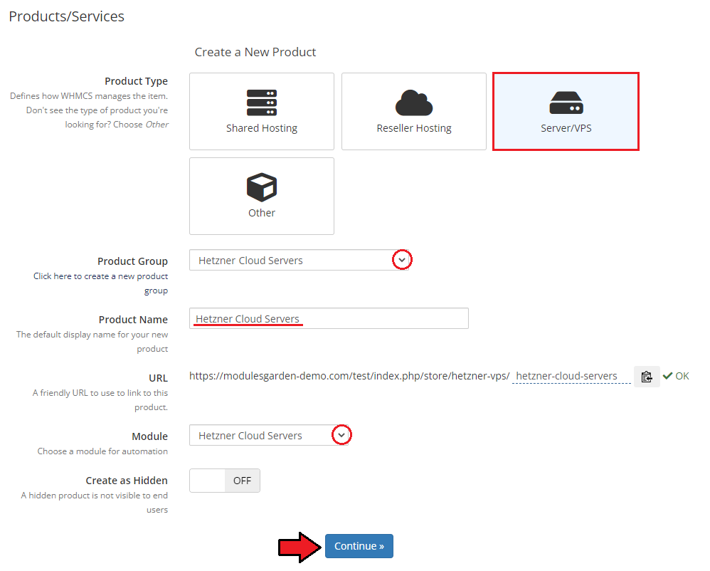Hetzner Cloud Servers For WHMCS: WHMCS Create a New Product form with Server/VPS type, group, name and module selected