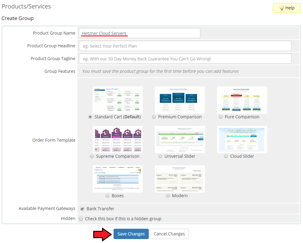 Hetzner Cloud Servers For WHMCS: WHMCS Create Group form with the product group name and Save Changes button