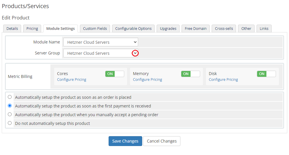 Hetzner Cloud Servers For WHMCS: WHMCS product Module Settings tab with the Hetzner Cloud Servers server group selected