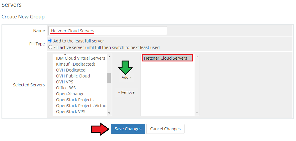 Hetzner Cloud Servers For WHMCS: WHMCS Create New Group form with the Hetzner server added to the selected servers list
