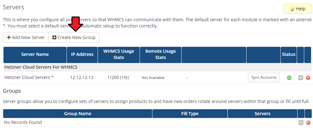 Hetzner Cloud Servers For WHMCS: WHMCS Servers page listing the Hetzner server with the Create New Group button marked