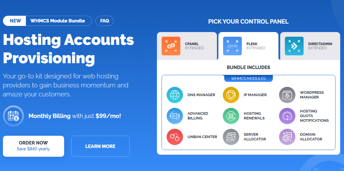 Hosting Accounts Provisioning WHMCS Module Bundle: banner with cPanel, Plesk, DirectAdmin tabs and included modules