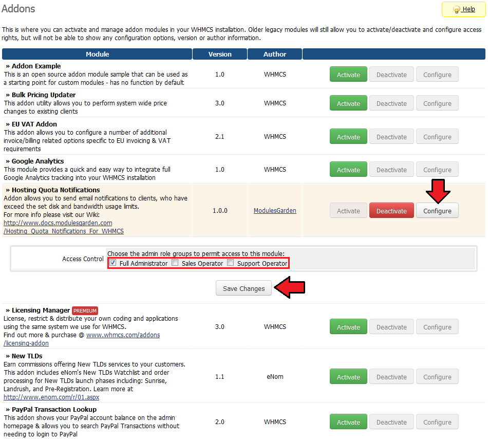 Hosting Quota Notifications 1.X For WHMCS: WHMCS Addon Modules with Configure, Access Control roles and Save Changes