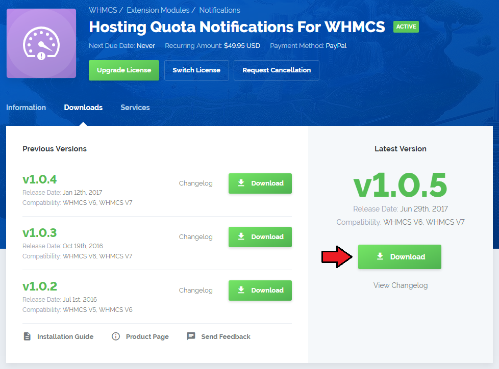 Hosting Quota Notifications 1.X For WHMCS: client area Downloads tab with the Download button for the latest version