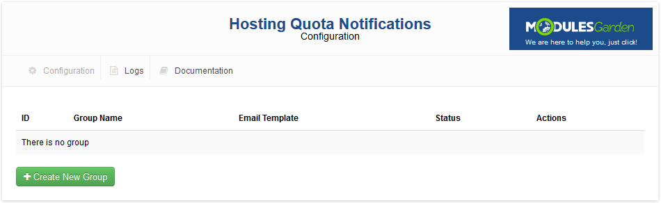 Hosting Quota Notifications 1.X For WHMCS: module Configuration page with an empty group table and Create New Group