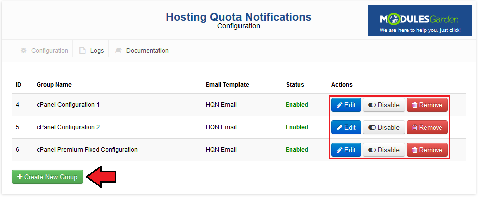 Hosting Quota Notifications 1.X For WHMCS: module Configuration page with the group list, Edit, Disable and Remove