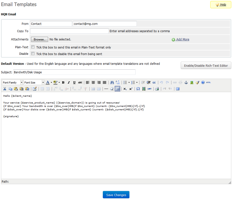 Hosting Quota Notifications 1.X For WHMCS: WHMCS Email Templates editor with the HQN Email bandwidth and disk template
