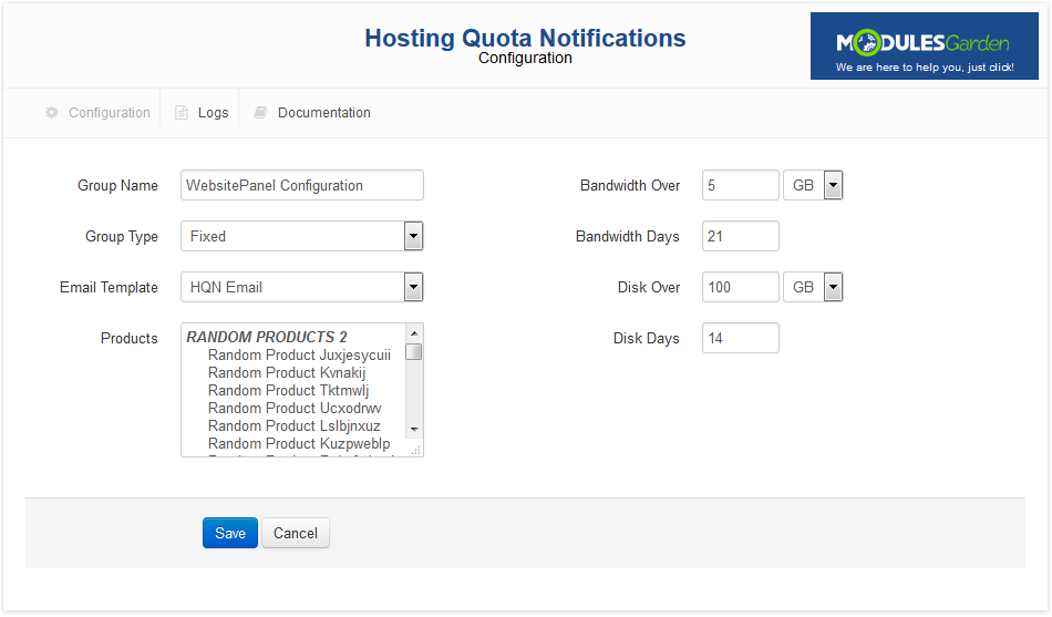 Hosting Quota Notifications 1.X For WHMCS: group form of Fixed type with bandwidth and disk limits and days set