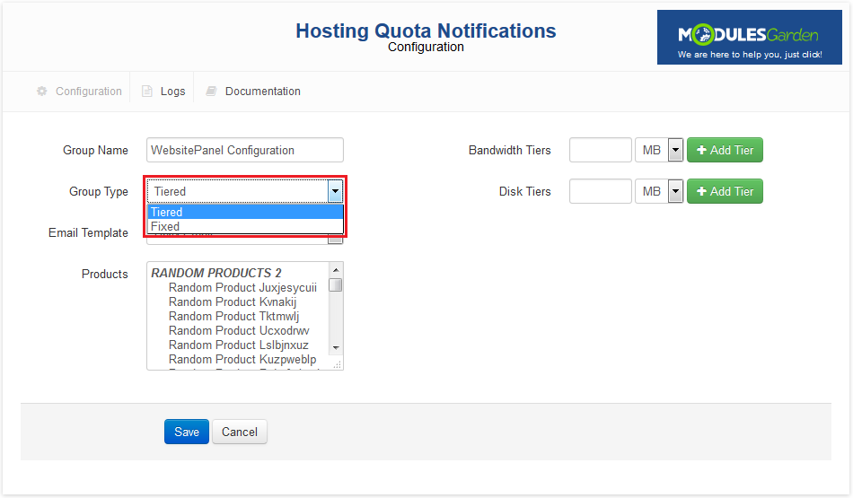 Hosting Quota Notifications 1.X For WHMCS: group form with the Group Type drop-down showing Tiered and Fixed