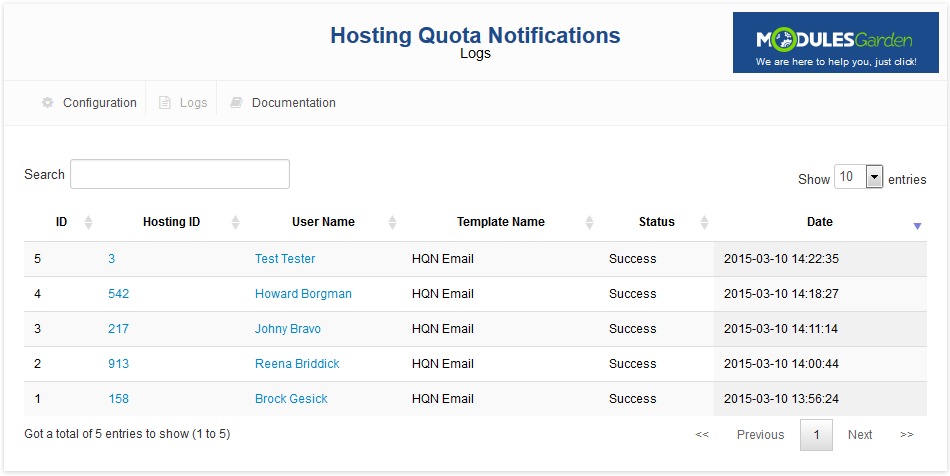 Hosting Quota Notifications 1.X For WHMCS: module Logs page with the table of sent notifications and a search field