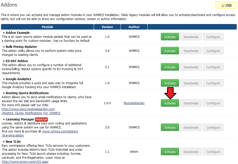 Hosting Quota Notifications 1.X For WHMCS: WHMCS Addon Modules list with an arrow on the Activate button of the module