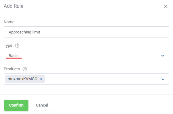 Hosting Quota Notifications For WHMCS: Add Rule window with the name Approaching limit, Basic type and selected product