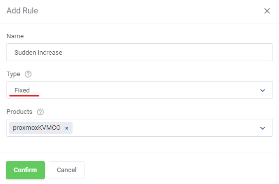 Hosting Quota Notifications For WHMCS: Add Rule window with the name Sudden Increase, Fixed type and selected product