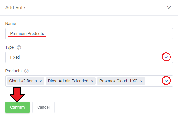 Hosting Quota Notifications For WHMCS: Add Rule window with name, Fixed type and selected products fields