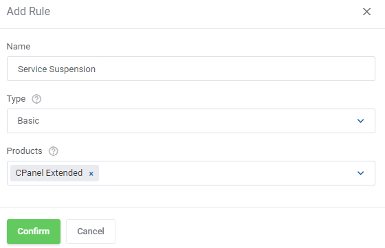 Hosting Quota Notifications For WHMCS: Add Rule window with the name Service Suspension, Basic type and cPanel product