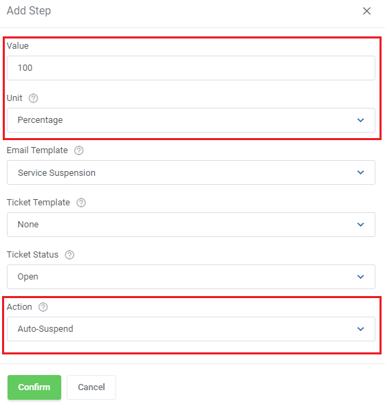 Hosting Quota Notifications For WHMCS: Add Step window with value 100, Percentage unit and Auto-Suspend action