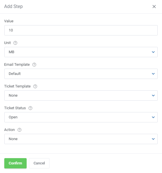 Hosting Quota Notifications For WHMCS: Add Step window with value, unit, email and ticket templates, status and action