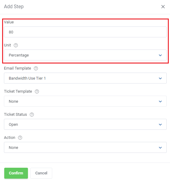 Hosting Quota Notifications For WHMCS: Add Step window with value 80 and Percentage unit highlighted