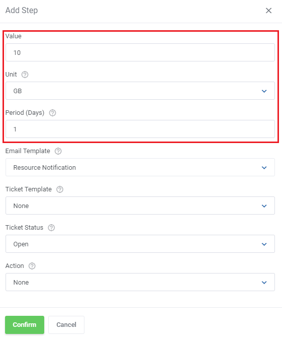 Hosting Quota Notifications For WHMCS: Add Step window with value, GB unit and period in days highlighted