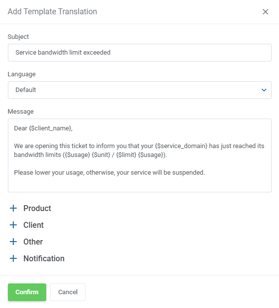 Hosting Quota Notifications For WHMCS: Add Template Translation window with subject, default language and message fields