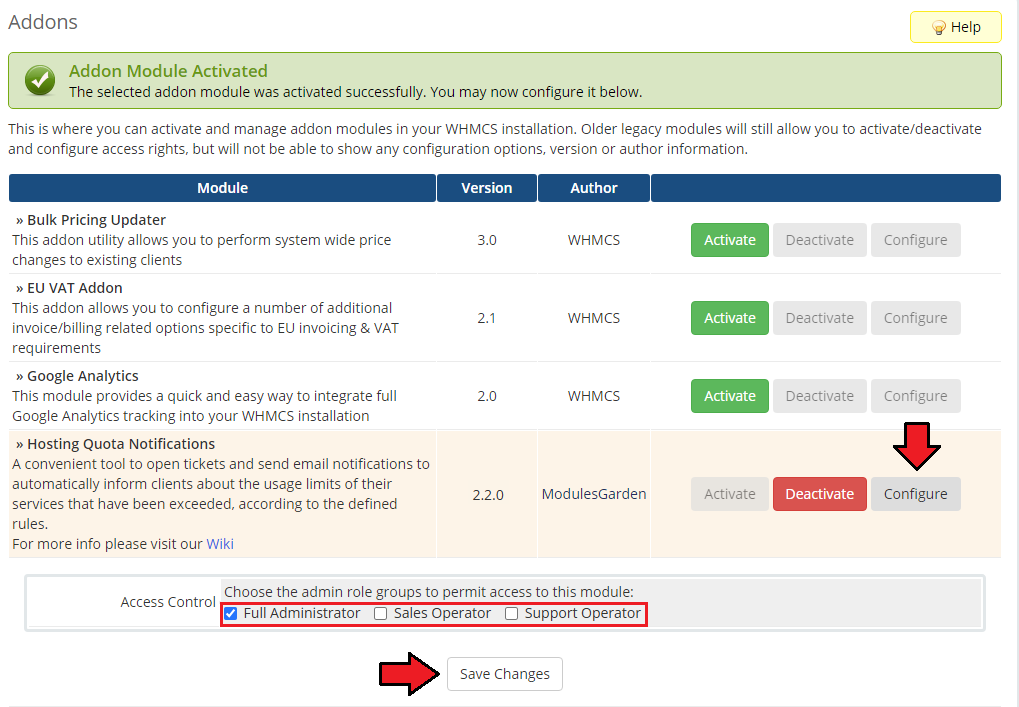 Hosting Quota Notifications For WHMCS: addon configuration with Access Control admin role groups and Save Changes button