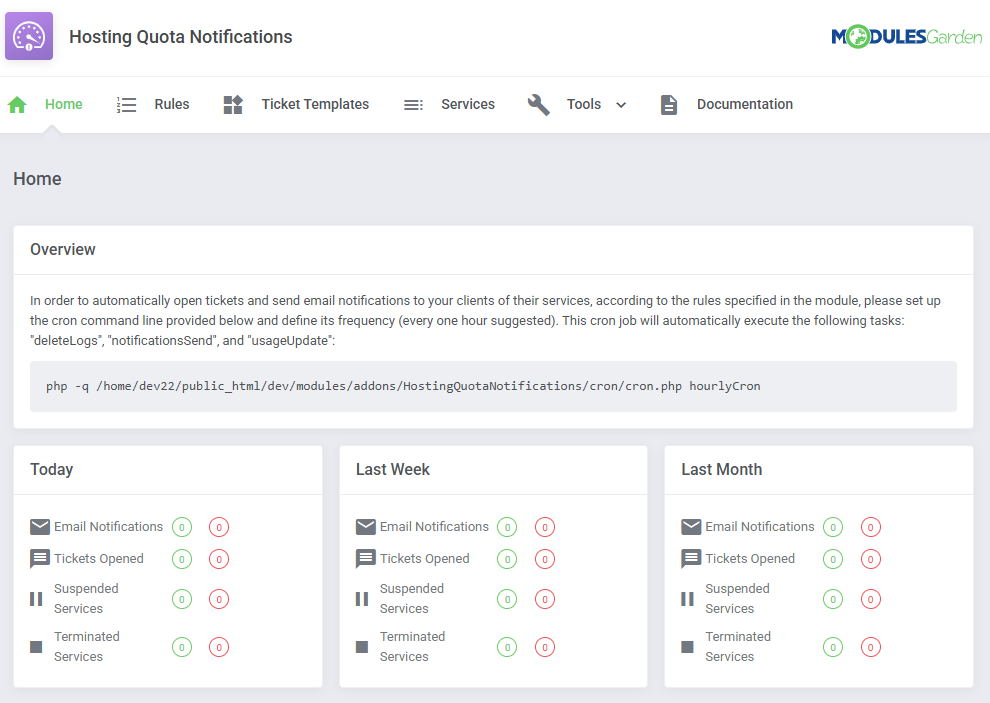 Hosting Quota Notifications For WHMCS: module Home page in the WHMCS admin area with the overview and cron command