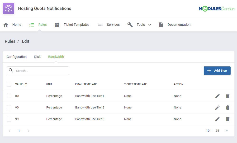 Hosting Quota Notifications For WHMCS: Bandwidth steps table with three percentage steps at 80, 90 and 99