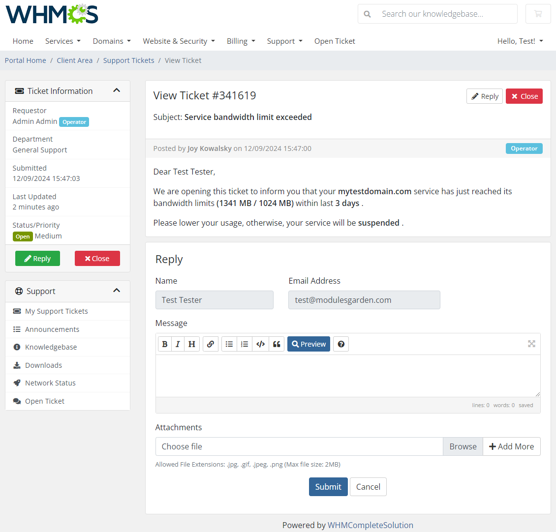 Hosting Quota Notifications For WHMCS: WHMCS client area ticket opened automatically with the bandwidth limit message