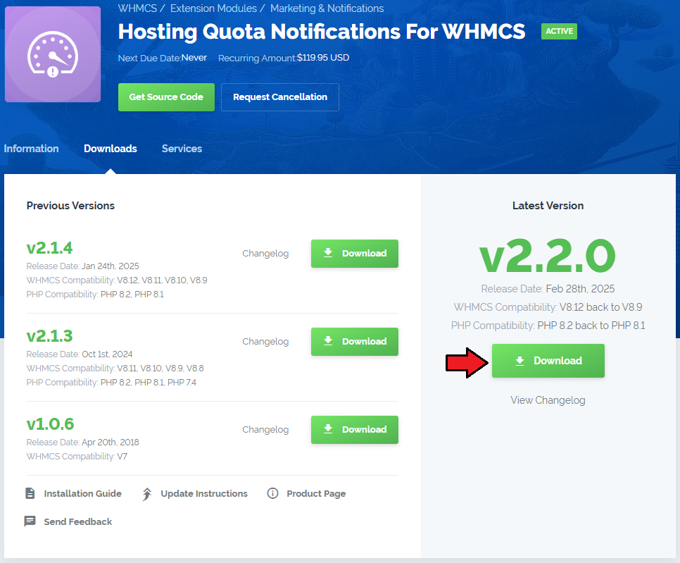 Hosting Quota Notifications For WHMCS: module download page in the client area with the Download button for version