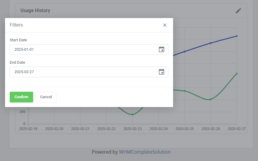 Hosting Quota Notifications For WHMCS: client area Usage History graph with the Filters window to set the date range