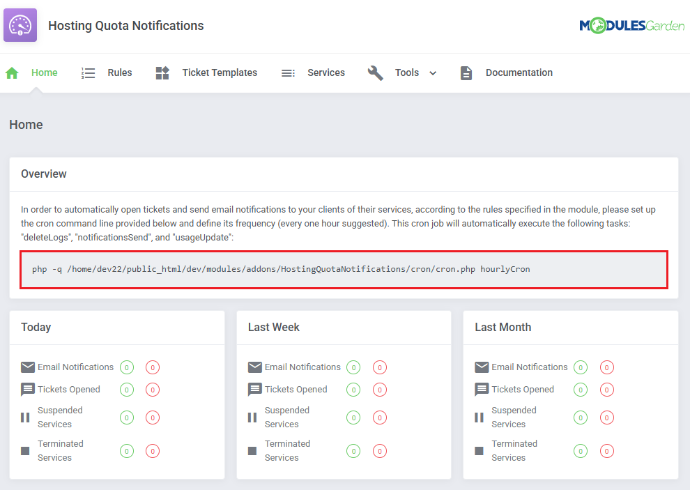 Hosting Quota Notifications For WHMCS: Home page with the cron command line highlighted and empty statistics