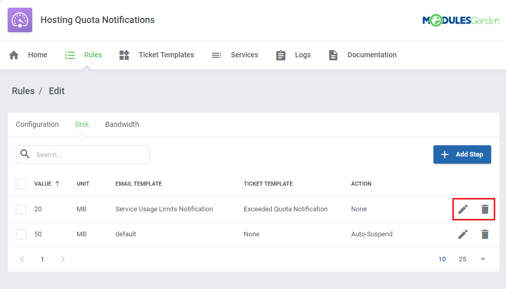 Hosting Quota Notifications For WHMCS: Disk steps table with edit and delete icons highlighted for each step