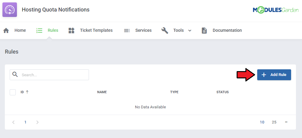 Hosting Quota Notifications For WHMCS: empty Rules page with the Add Rule button highlighted