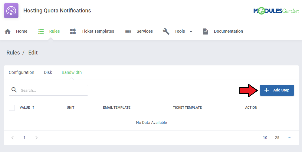 Hosting Quota Notifications For WHMCS: rule Bandwidth tab with an empty steps table and the Add Step button