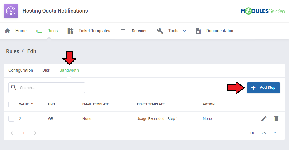 Hosting Quota Notifications For WHMCS: rule Bandwidth tab with the step table and the Add Step button