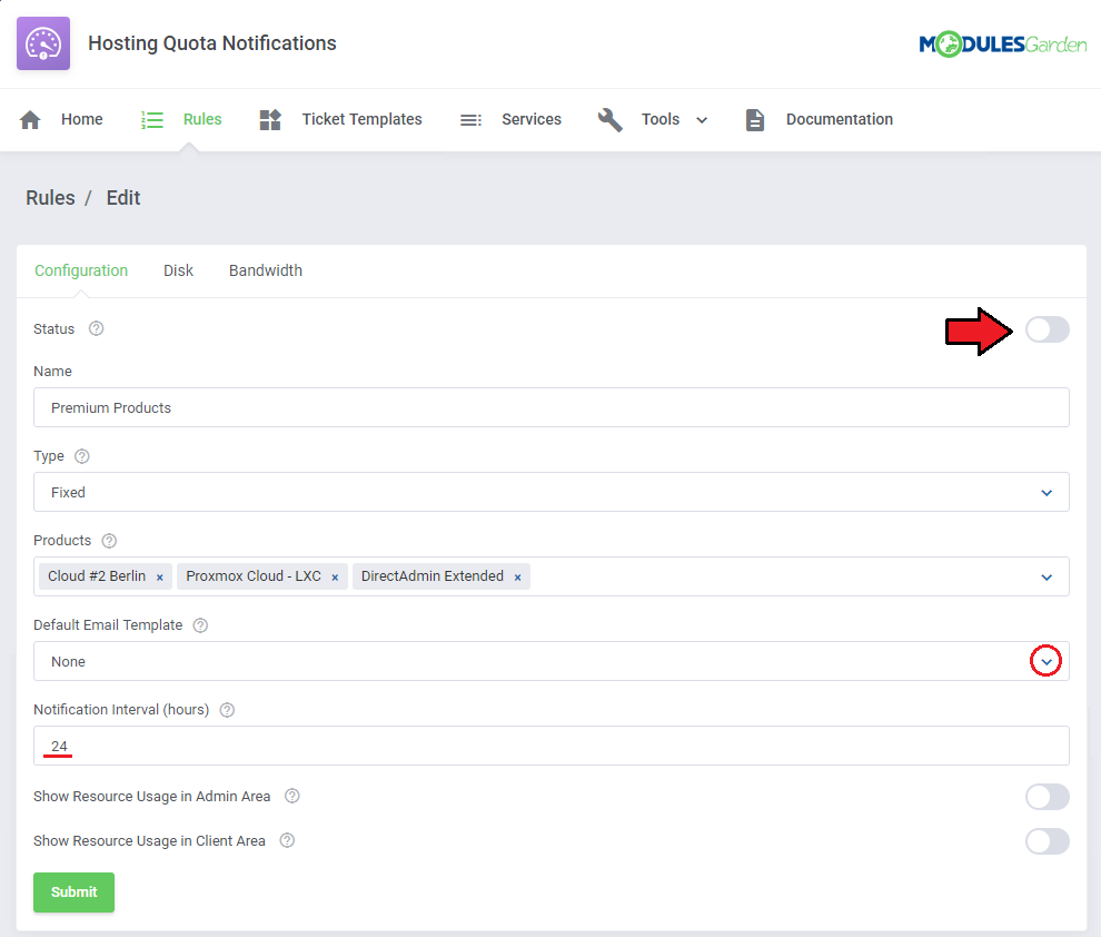 Hosting Quota Notifications For WHMCS: rule Configuration tab with status, email template, interval and Submit button