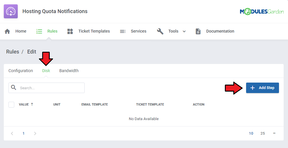 Hosting Quota Notifications For WHMCS: rule Disk tab with an empty steps table and the Add Step button