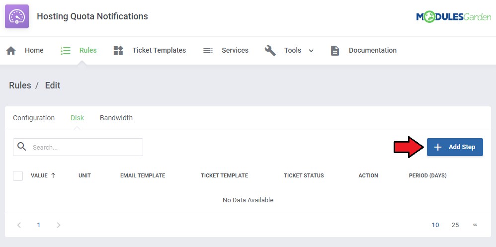 Hosting Quota Notifications For WHMCS: rule Disk tab with an empty table including period column and Add Step button