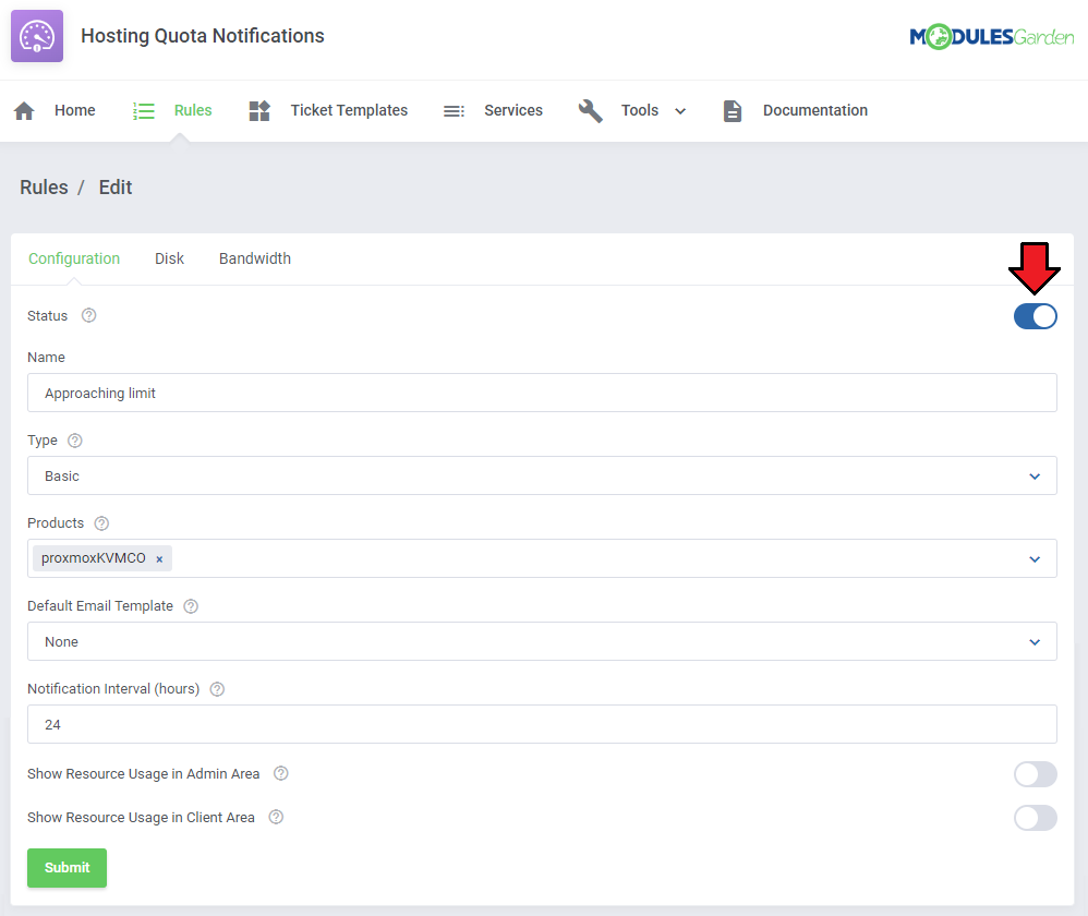 Hosting Quota Notifications For WHMCS: rule Configuration tab with the status switch enabled for the Approaching limit