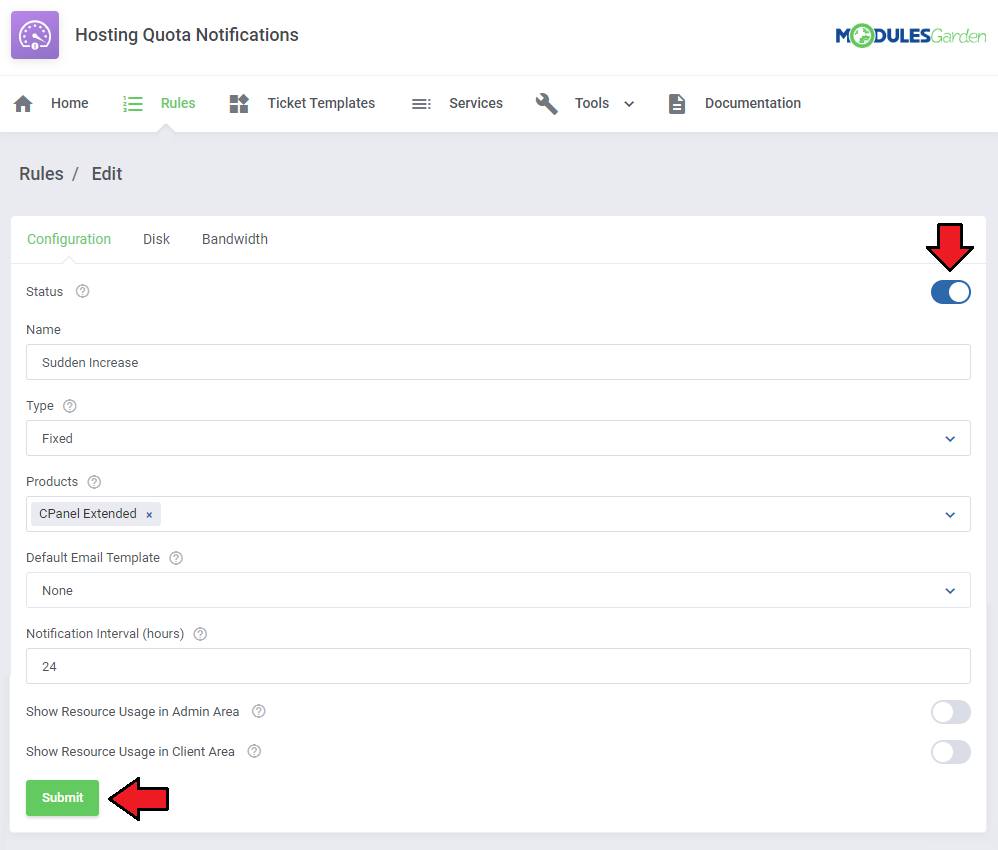 Hosting Quota Notifications For WHMCS: rule Configuration tab with the status switch enabled and Submit button