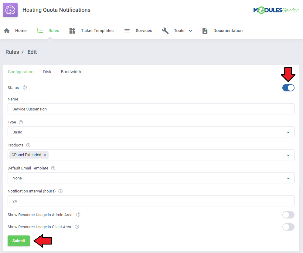 Hosting Quota Notifications For WHMCS: rule Configuration tab with the status switch enabled for the Service Suspension