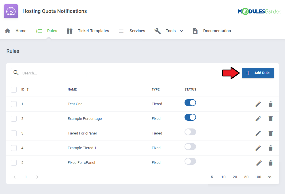 Hosting Quota Notifications For WHMCS: Rules page with the Add Rule button highlighted